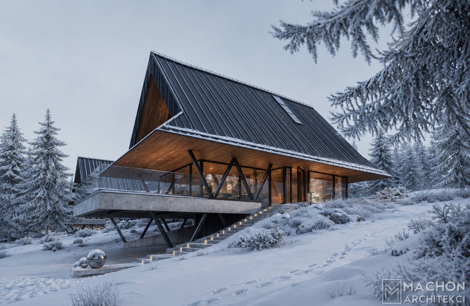 Projekt domu na stoku nowoczesny górski góralski podhalański beskidzki dom w polsce nowoczesna stalowa willa budynek mieszkalny jednorodzinny steel hill machoń architekci projekty indywidualne