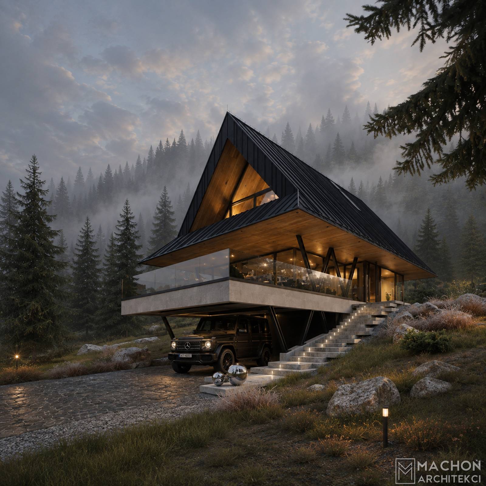 Projekt domu na stoku nowoczesny górski góralski podhalański beskidzki dom w polsce nowoczesna stalowa willa budynek mieszkalny jednorodzinny steel hill machoń architekci projekty indywidualne