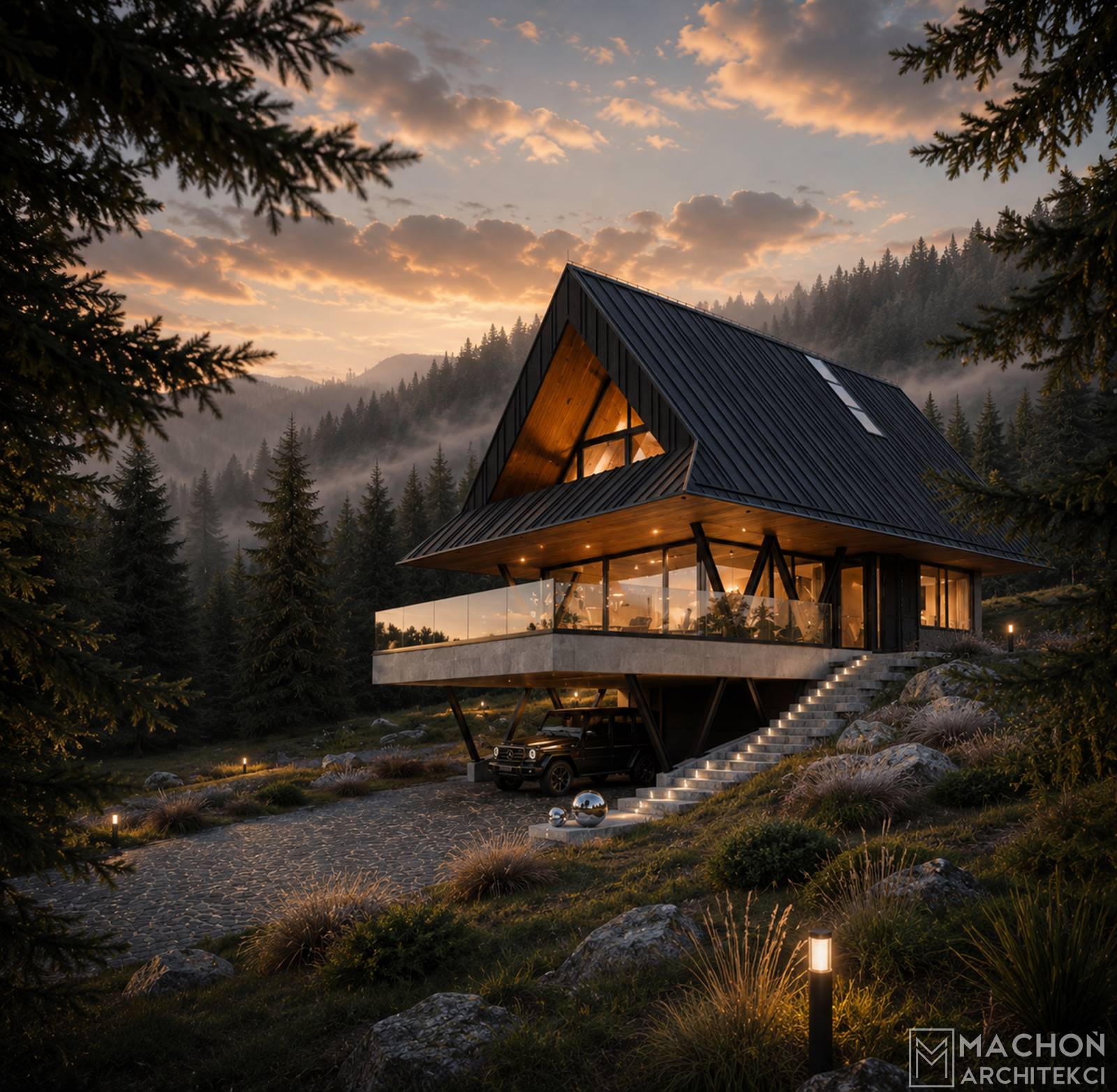 Projekt domu na stoku nowoczesny górski góralski podhalański beskidzki dom w polsce nowoczesna stalowa willa budynek mieszkalny jednorodzinny steel hill machoń architekci projekty indywidualne