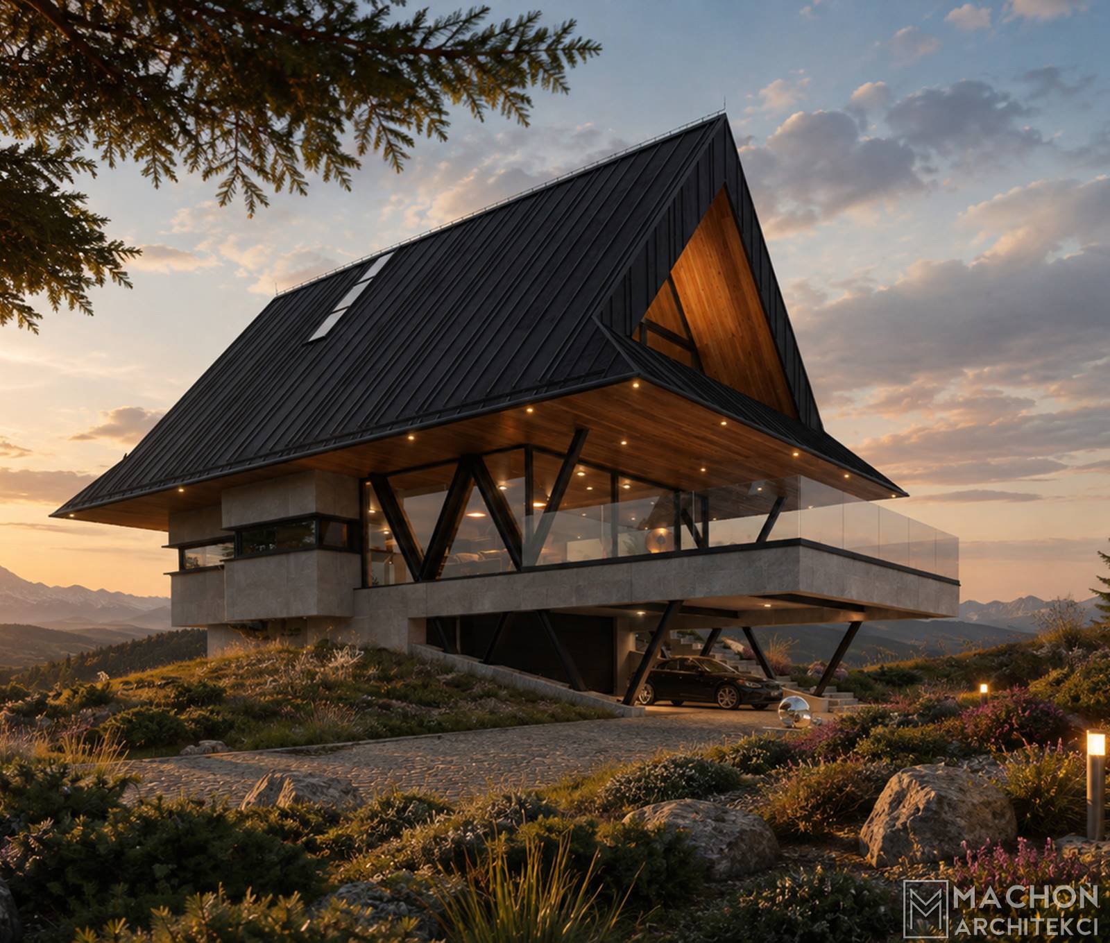 Projekt domu na stoku nowoczesny górski góralski podhalański beskidzki dom w polsce nowoczesna stalowa willa budynek mieszkalny jednorodzinny steel hill machoń architekci projekty indywidualne