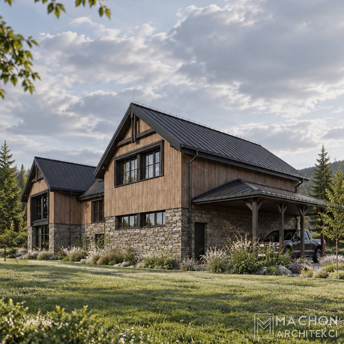 projekt gotowy domy w tylu farmhouse modern farmhouse dom na wsi modern lodge house chalet nowoczesny tradycyjny amerykański z gankiem i werandą zadaszony taras willa posiadłość rezydencja