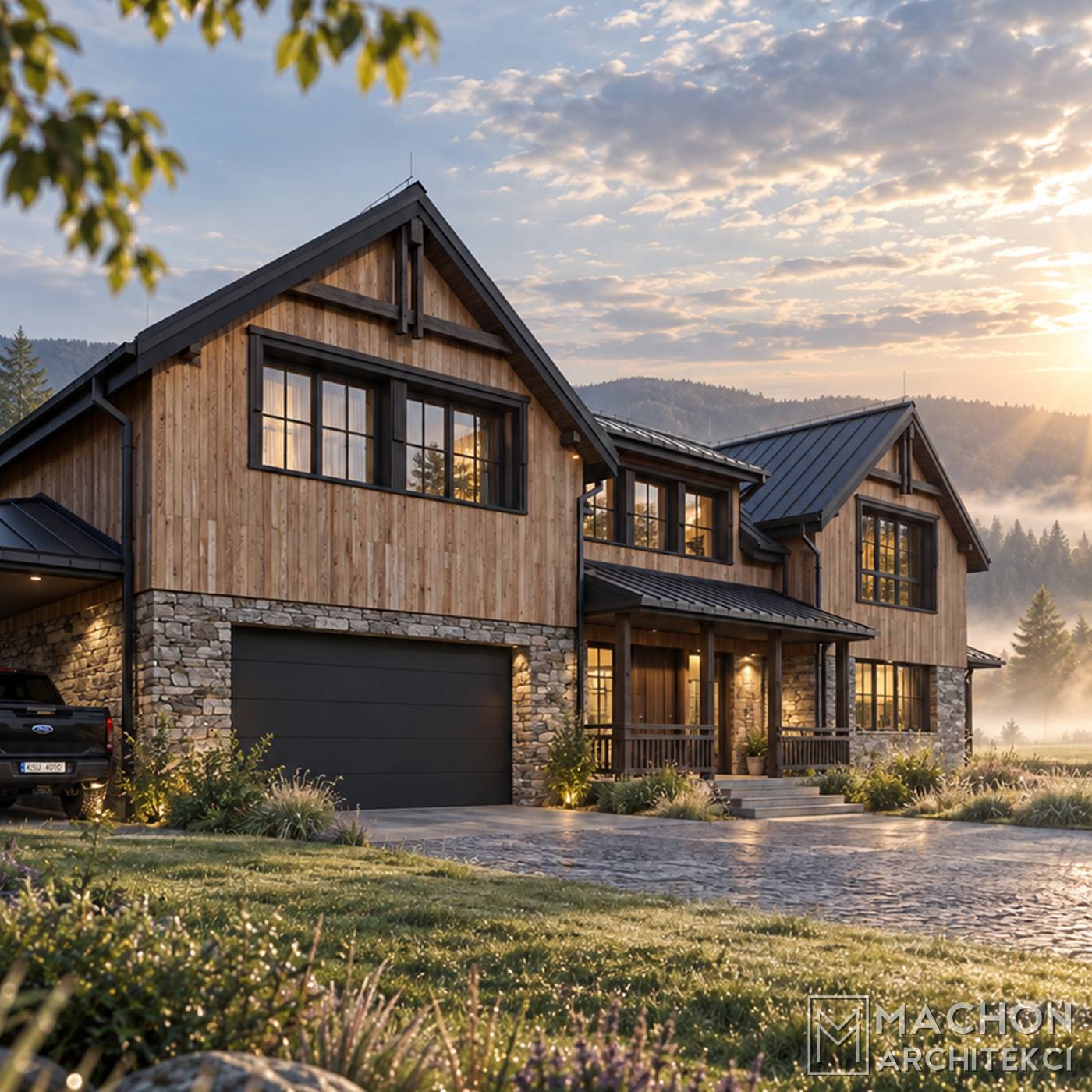 projekt gotowy domy w tylu farmhouse modern farmhouse dom na wsi modern lodge house chalet nowoczesny tradycyjny amerykański z gankiem i werandą zadaszony taras willa posiadłość rezydencja