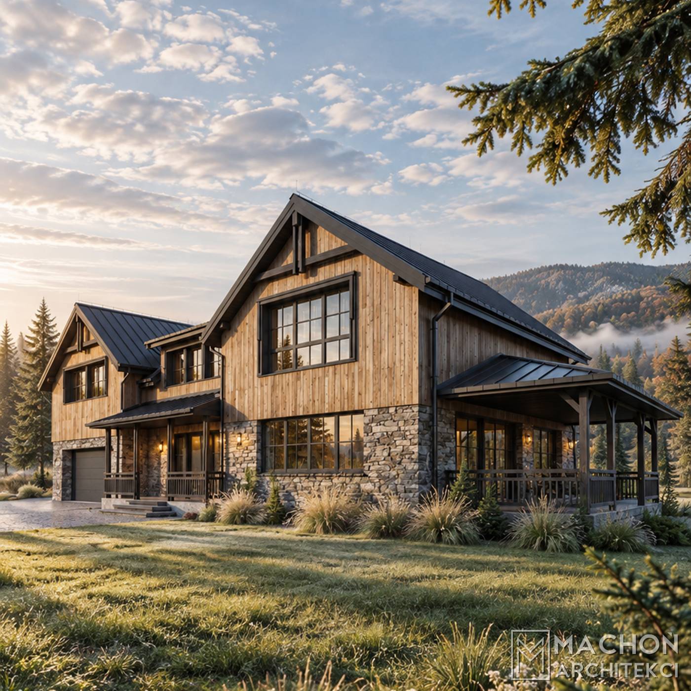 projekt gotowy domy w tylu farmhouse modern farmhouse dom na wsi modern lodge house chalet nowoczesny tradycyjny amerykański z gankiem i werandą zadaszony taras willa posiadłość rezydencja