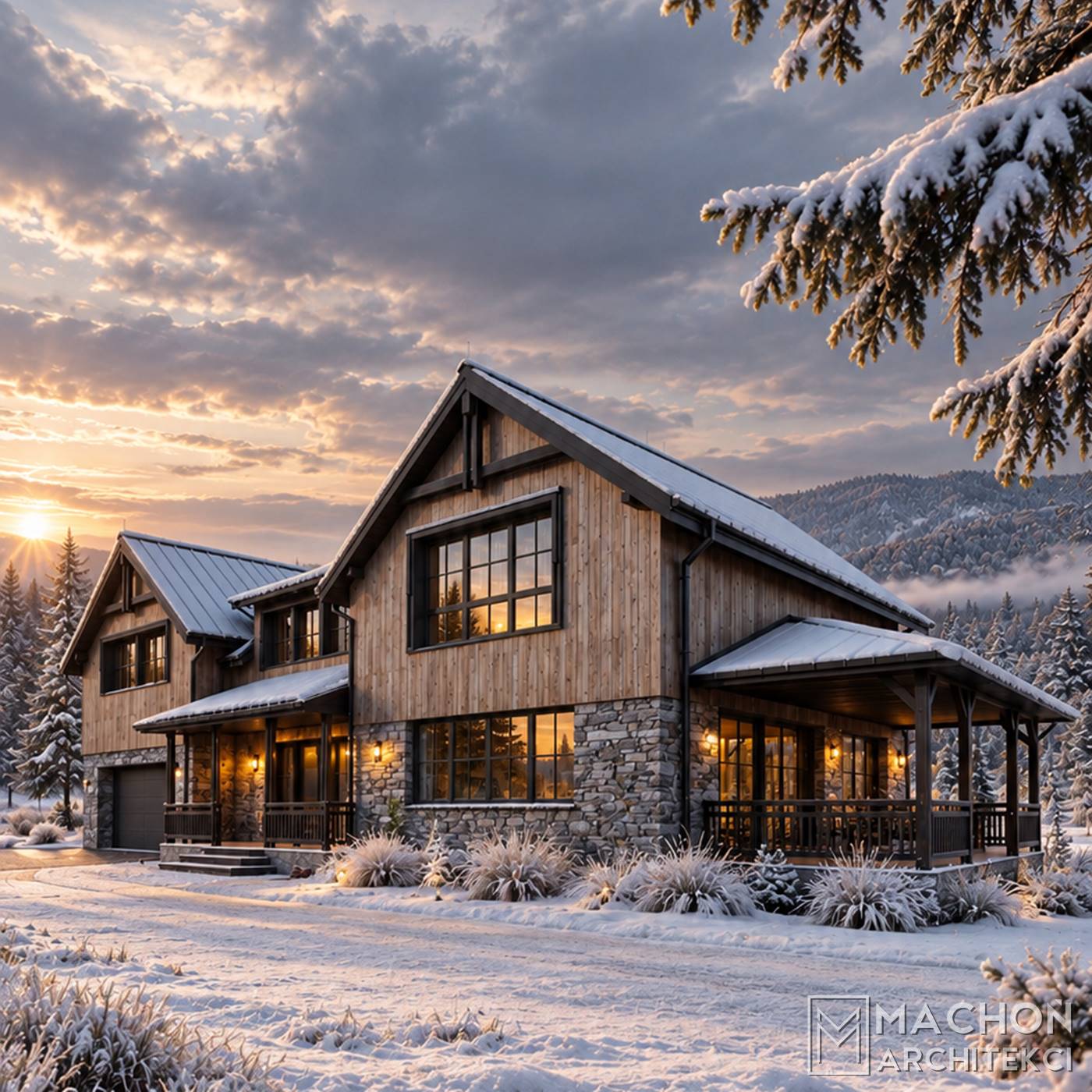 projekt gotowy domy w tylu farmhouse modern farmhouse dom na wsi modern lodge house chalet nowoczesny tradycyjny amerykański z gankiem i werandą zadaszony taras willa posiadłość rezydencja