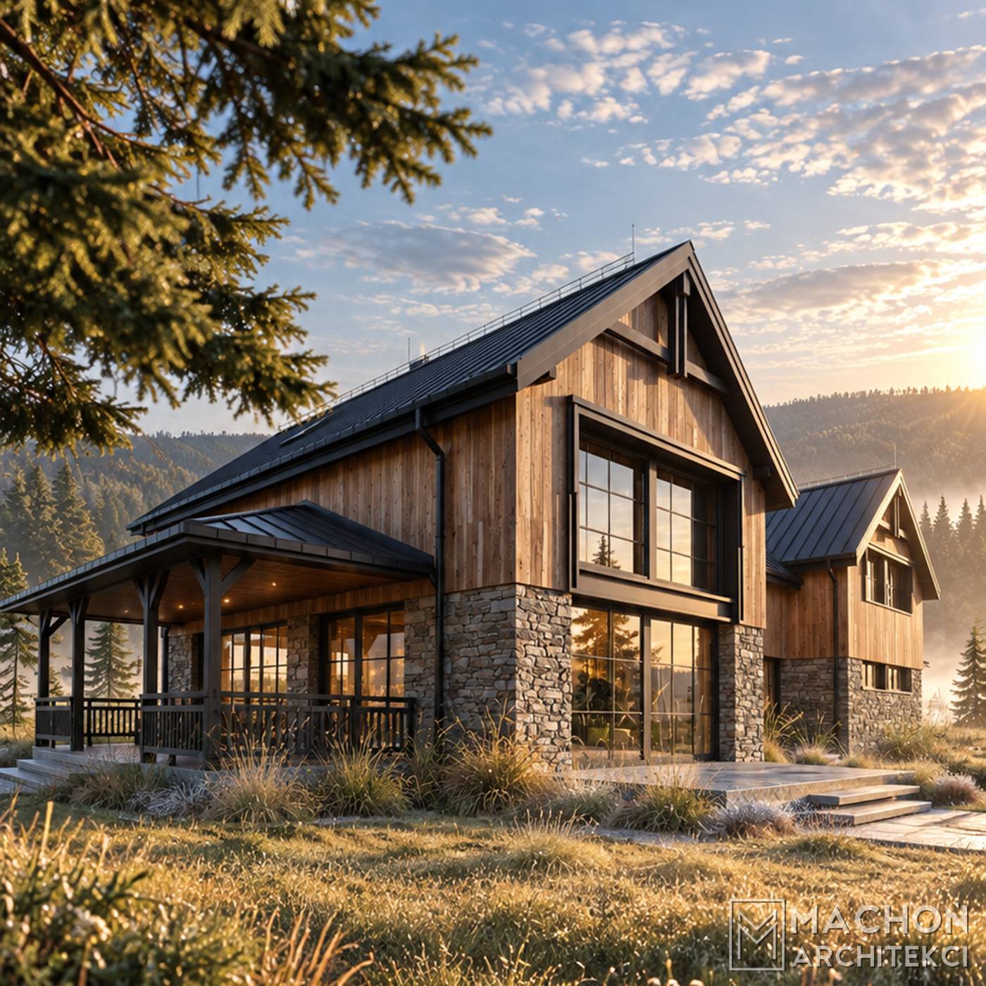 projekt gotowy domy w tylu farmhouse modern farmhouse dom na wsi modern lodge house chalet nowoczesny tradycyjny amerykański z gankiem i werandą zadaszony taras willa posiadłość rezydencja