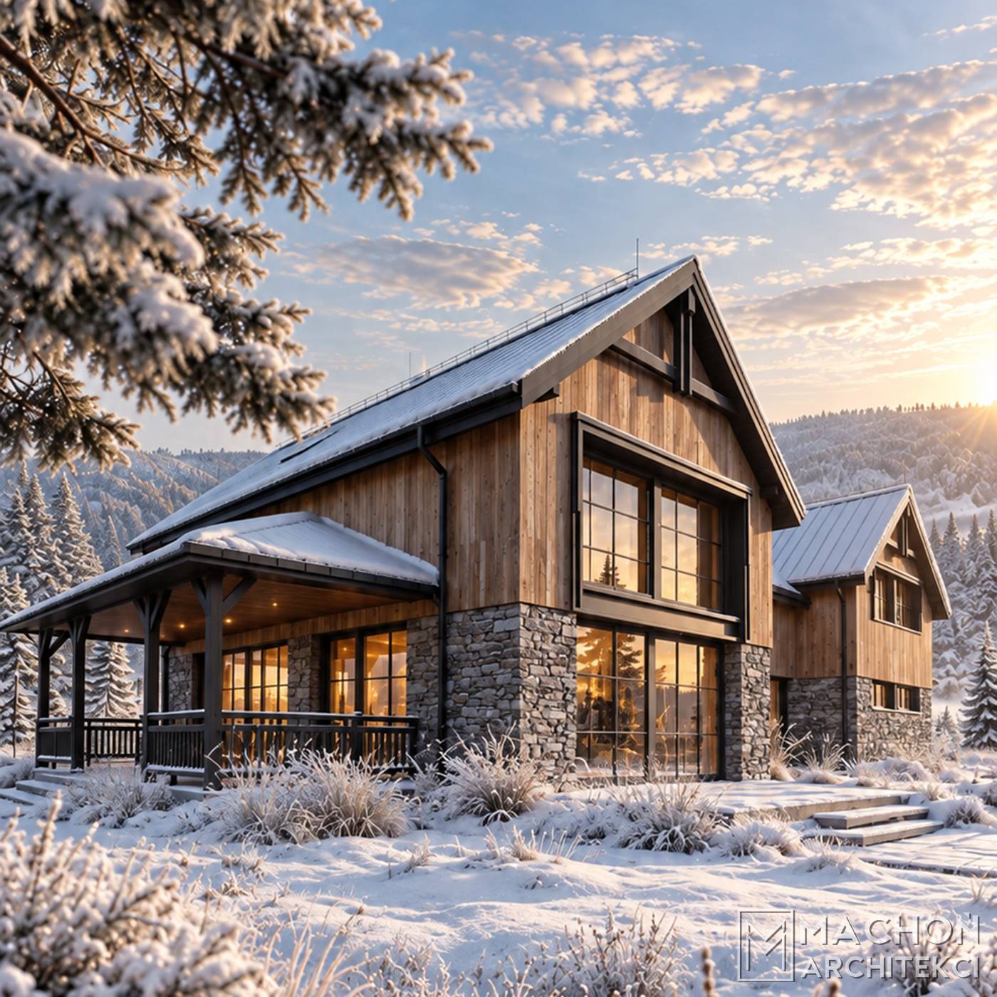 projekt gotowy domy w tylu farmhouse modern farmhouse dom na wsi modern lodge house chalet nowoczesny tradycyjny amerykański z gankiem i werandą zadaszony taras willa posiadłość rezydencja