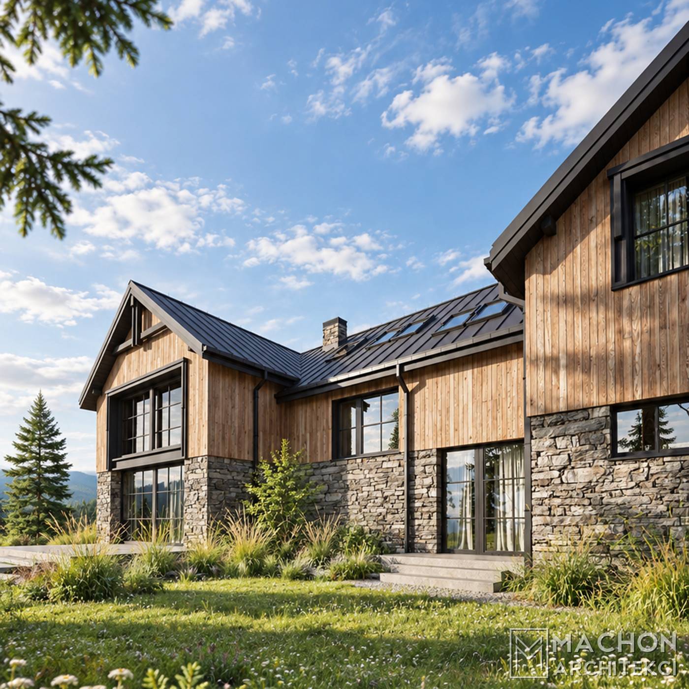 projekt gotowy domy w tylu farmhouse modern farmhouse dom na wsi modern lodge house chalet nowoczesny tradycyjny amerykański z gankiem i werandą zadaszony taras willa posiadłość rezydencja