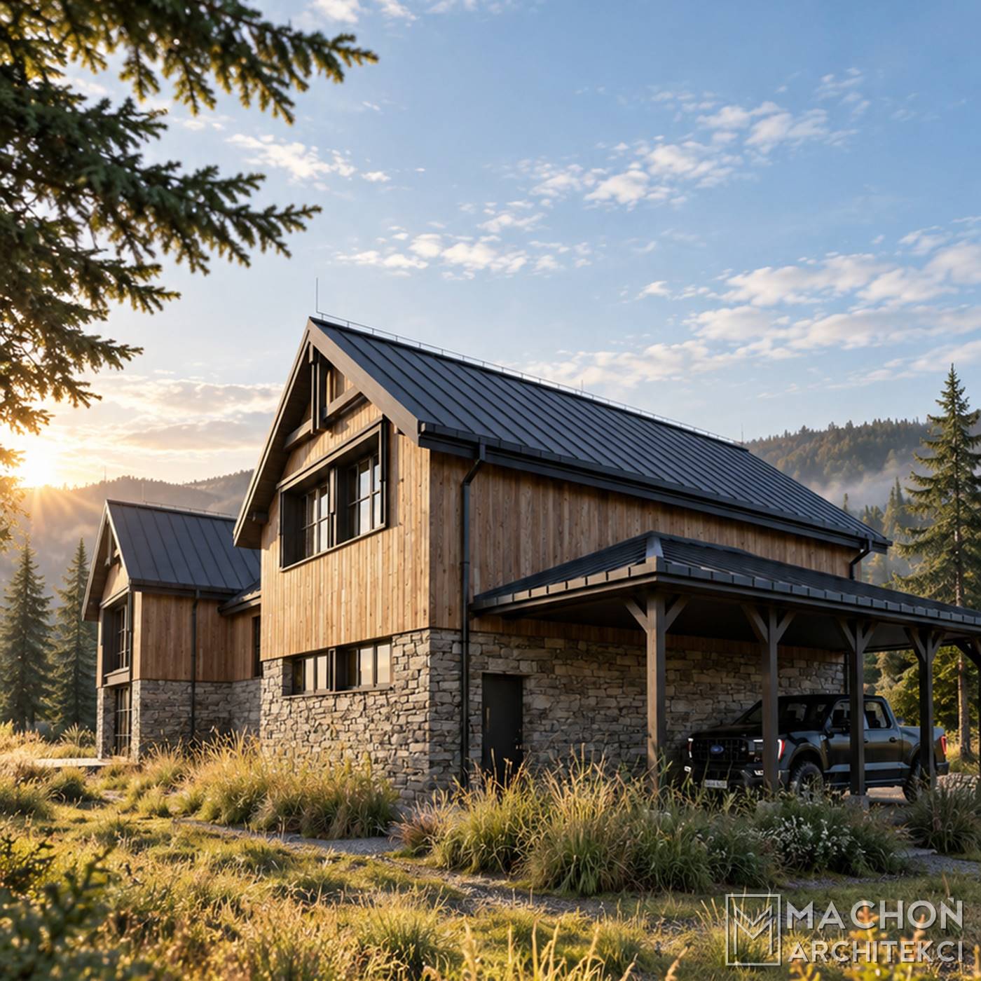 projekt gotowy domy w tylu farmhouse modern farmhouse dom na wsi modern lodge house chalet nowoczesny tradycyjny amerykański z gankiem i werandą zadaszony taras willa posiadłość rezydencja