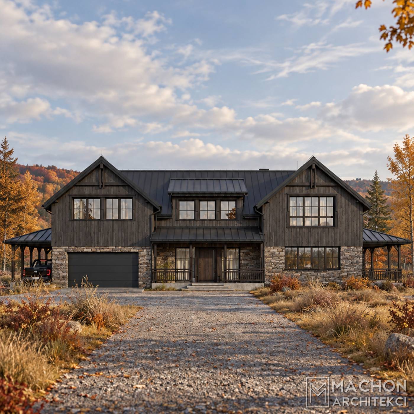 projekt gotowy domy w tylu farmhouse modern farmhouse dom na wsi modern lodge house chalet nowoczesny tradycyjny amerykański z gankiem i werandą zadaszony taras willa posiadłość rezydencja