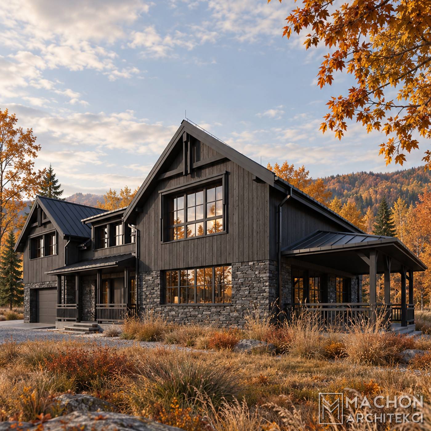 projekt gotowy domy w tylu farmhouse modern farmhouse dom na wsi modern lodge house chalet nowoczesny tradycyjny amerykański z gankiem i werandą zadaszony taras willa posiadłość rezydencja