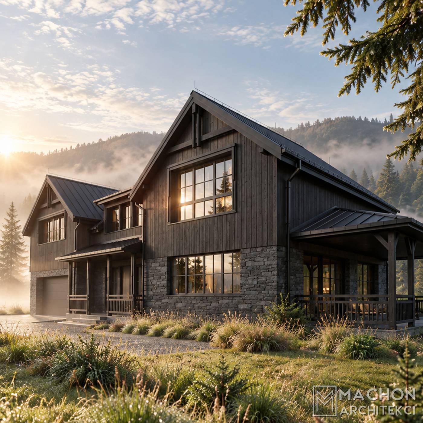 projekt gotowy domy w tylu farmhouse modern farmhouse dom na wsi modern lodge house chalet nowoczesny tradycyjny amerykański z gankiem i werandą zadaszony taras willa posiadłość rezydencja