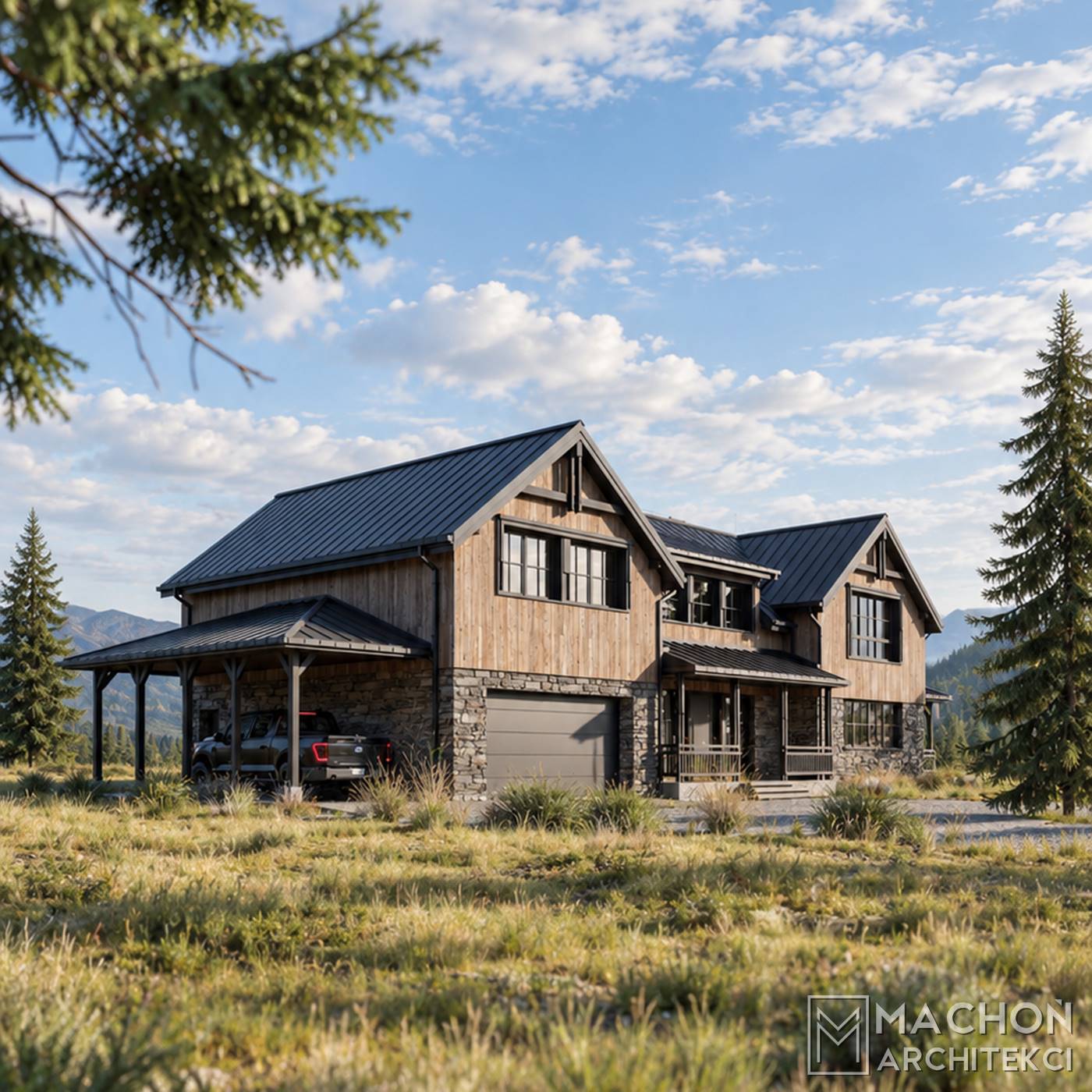projekt gotowy domy w tylu farmhouse modern farmhouse dom na wsi modern lodge house chalet nowoczesny tradycyjny amerykański z gankiem i werandą zadaszony taras willa posiadłość rezydencja