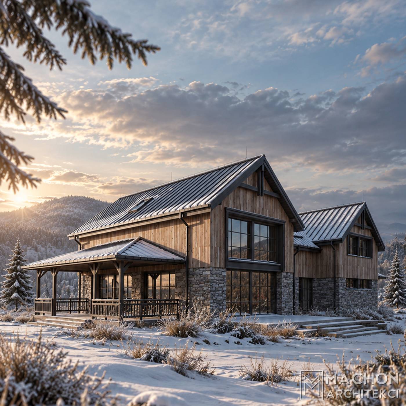 projekt gotowy domy w tylu farmhouse modern farmhouse dom na wsi modern lodge house chalet nowoczesny tradycyjny amerykański z gankiem i werandą zadaszony taras willa posiadłość rezydencja