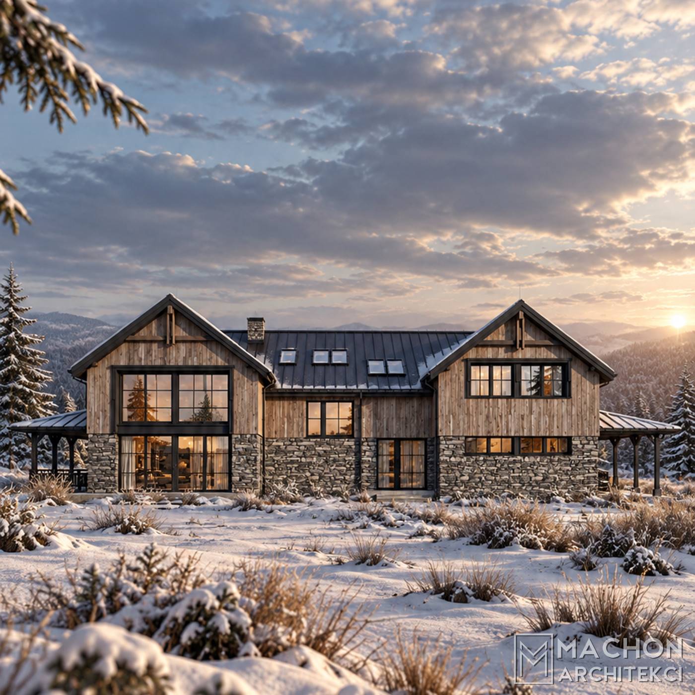 projekt gotowy domy w tylu farmhouse modern farmhouse dom na wsi modern lodge house chalet nowoczesny tradycyjny amerykański z gankiem i werandą zadaszony taras willa posiadłość rezydencja